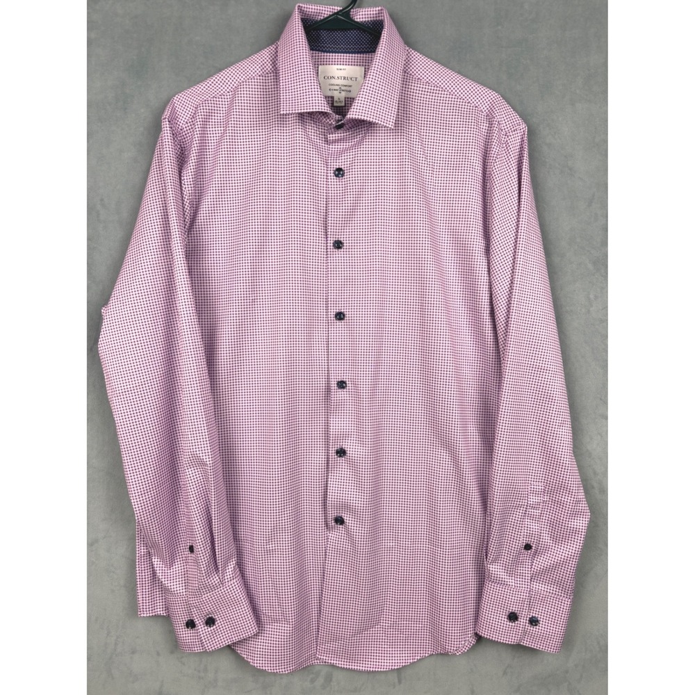 Con.Struct Mens Slim Fit Dress Shirt Purple Gingham Stretch L 16-16.5 34-35